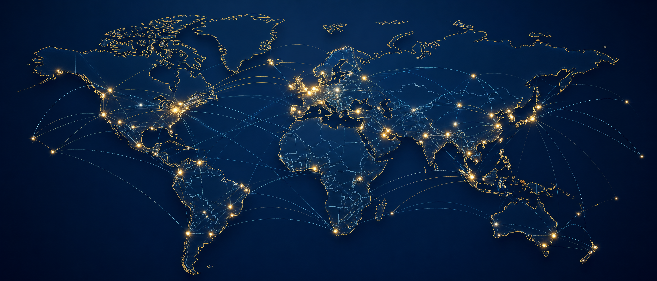 Abstract world map with connected network lines representing global reach